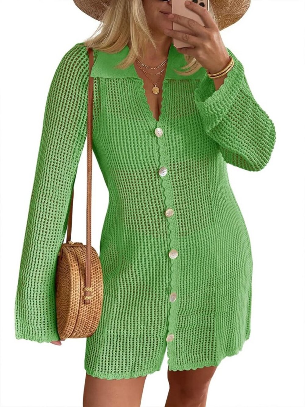 Chic Crochet Swimsuit Cover-Up | Button Down Long Sleeve Cardigan Mini Dress